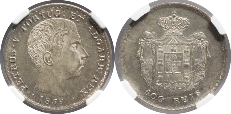Certified Coins
Portugal D. Pedro V 500 Réis Lisbon Mint 1859
NGC MS 61