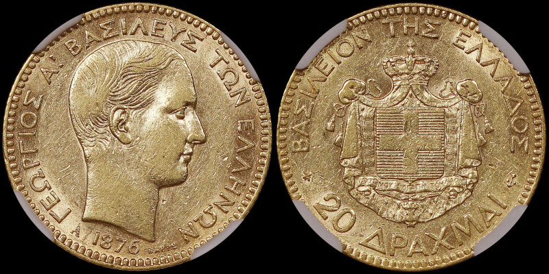 GREECE: 20 Drachmas (1876 A) (type I) in gold (0,900). Head of King George I fac...