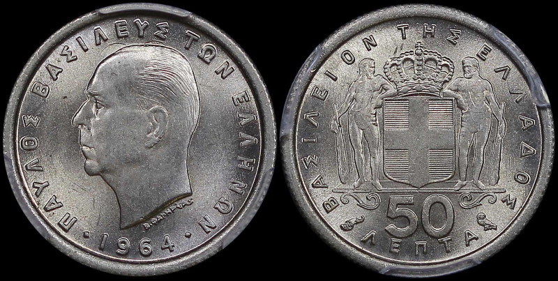 GREECE: 50 Lepta (1964) in copper-nickel. Head of King Paul facing left and insc...