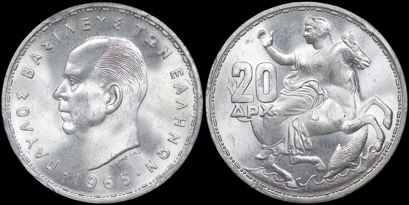 GREECE: 20 Drachmas (1965) in silver (0,835). Head of King Paul facing left and ...