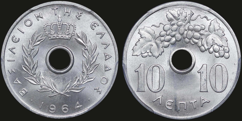 GREECE: 10 Lepta (1964) (type I) in aluminum. Royal crown and inscription "ΒΑΣΙΛ...