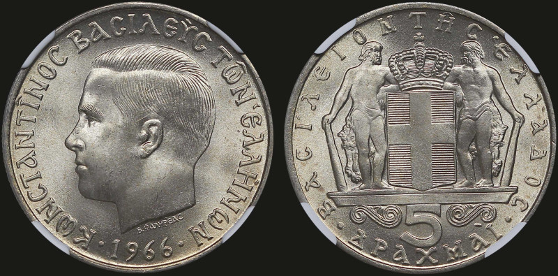 GREECE: 5 Drachmas (1966) (type I) in copper-nickel. Head of King Constantine II...