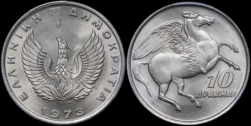 GREECE: 10 Drachmas (1973) in copper-nickel. Phoenix and inscription "ΕΛΛΗΝΙΚΗ Δ...