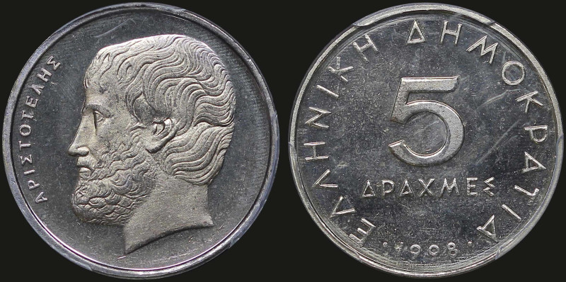 GREECE: 5 Drachmas (1998) (type Ia) in copper-nickel. Value and inscription "ΕΛΛ...