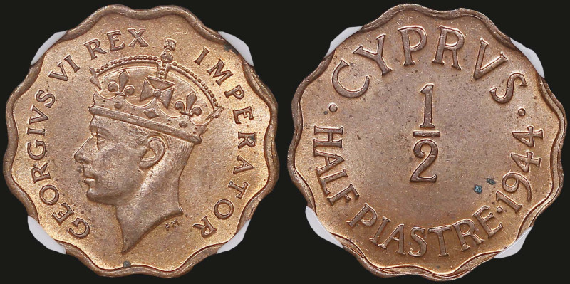 CYPRUS: 1/2 Piastre (1944) in bronze. Crowned head of King George VI facing left...