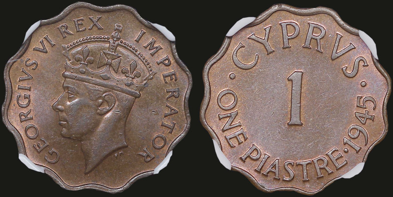 CYPRUS: 1 Piastre (1945) in bronze. Crowned head of King George VI facing left o...