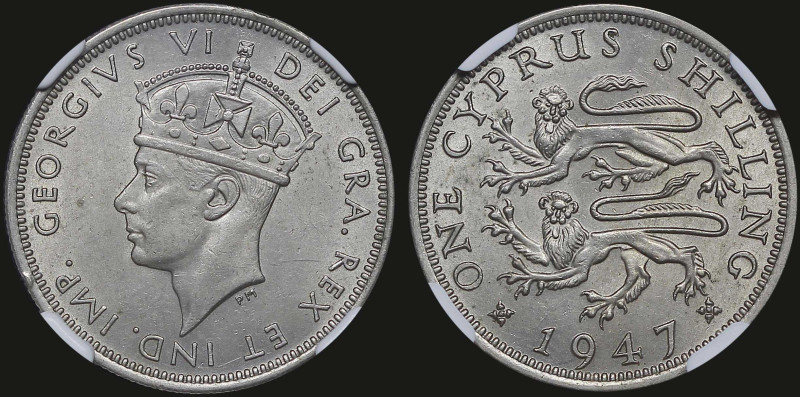 CYPRUS: 1 Shilling (1947) in copper-nickel. Crowned head of King George VI facin...