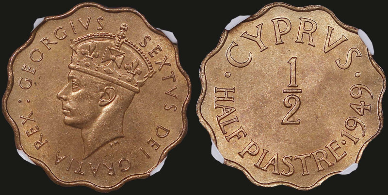 CYPRUS: 1/2 Piastre (1949) in bronze. Crowned head of King George V facing left ...