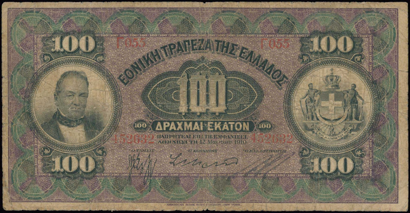 GREECE: 100 Drachmas (13.3.1910) in black on purple and green unpt. Portrait of ...