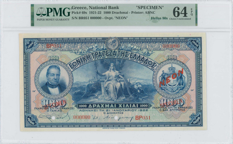 GREECE: Specimen of 1000 Drachmas (1922 ΝΕΟΝ issue / old date 21.1.1922) in blue...