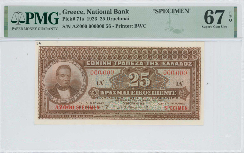 GREECE: Specimen of 25 Drachmas (5.3.1923) in brown. Portrait of G Stavros at le...