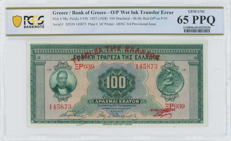 GREECE: 100 Drachmas (ND 1929 / old date 6.6.1927) in green on multicolor unpt. ...