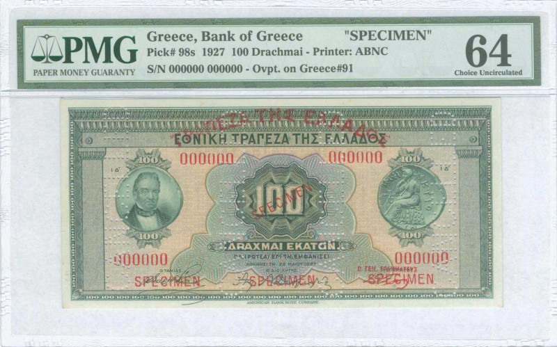 GREECE: Specimen of 100 Drachmas (25.5.1927) in green on multicolor unpt. Portra...