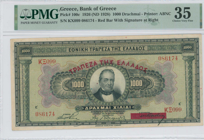 GREECE: 1000 Drachmas (ND 1928 / old date 15.10.1926) in black on green and mult...