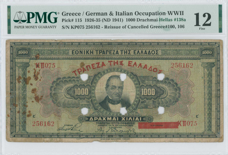 GREECE: 1000 Drachmas (15.10.1926) of 1941 Emergency re-issue. Cancelled banknot...