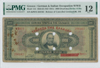 GREECE: 1000 Drachmas (15.10.1926) of 1941 Emergency re-issue. Cancelled banknote with two blue box-cachets "ΤΡΑΠΕΖΑ ΤΗΣ ΕΛΛΑΔΟΣ ΕΝ ΒΕΡΡΟΙΑΙ 1935" (Co...