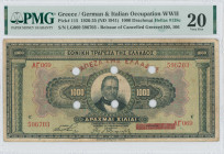 GREECE: 1000 Drachmas (4.11.1926) of 1941 Emergency re-issue. Cancelled banknote with black box-cachet "ΤΡΑΠΕΖΑ ΤΗΣ ΕΛΛΑΔΟΣ ΥΠΟΚΑΤΑΣΤΗΜΑ ΚΕΡΚΥΡΑΣ 1938...