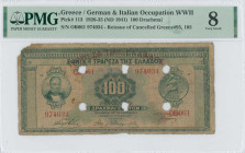 GREECE: 100 Drachmas (14.6.1927) of 1941 Emergency re-issue. Cancelled banknote with black box-cachet "ΤΡΑΠΕΖΑ ΤΗΣ ΕΛΛΑΔΟΣ ΥΠ/ΜΑ ΜΥΤΙΛΗΝΗΣ" (Scarce) o...