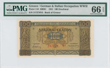 GREECE: 100 Drachmas (10.7.1941) in brown on orange and blue unpt. Byzantine decorations of bird friezes at left and right on face. S/N: "217278 ΝΙ" w...