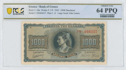 GREECE: Lot composed of 2x 1000 Drachmas (21.8.1942) in black on blue and orange unpt. Girl in traditional costume from Thasos at center on face. Cons...