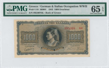 GREECE: 1000 Drachmas (21.8.1942) in black on blue and orange unpt. Girl in traditional costume from Thasos at center on face. S/N: "995308 NK" with s...