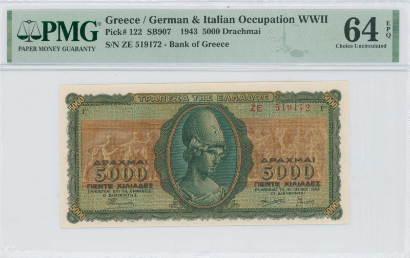 GREECE: 5000 Drachmas (19.7.1943) in green and brown. Goddess Athena at center o...