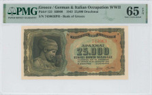 GREECE: 25000 Drachmas (12.8.1943) in black on brown, light blue and green unpt. Nymph Deidamia at left on face. S/N: "743063 ΙΦ" with suffix and numb...