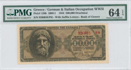 GREECE: 500000 Drachmas (20.3.1944) in black on brown unpt. God Zeus at left on face. S/N: "926605 ΕΦ" with suffix and number of 4,5mm height. Printed...