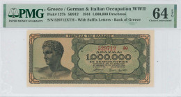 GREECE: 1 million Drachmas (29.6.1944) in black on blue-green and pale orange unpt. Youth of Anticythera at left on face. S/N: "529712 ΞΘ" with suffix...