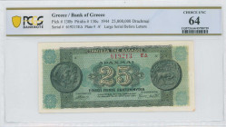 GREECE: 25 million Drachmas (10.8.1944) in dark green and green. Ancient coin from Dodoni at left and right on face. S/N: "619213 ΕΔ" with suffix and ...