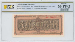 GREECE: 200 million Drachmas (9.9.1944) in brown on dark orange unpt. Panathenea detail from Parthenon frieze at center on face. S/N: "ΙΔ 261122" with...