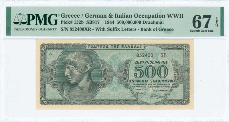 GREECE: 500 million Drachmas (1.10.1944) in dark blue on light blue unpt. Head o...