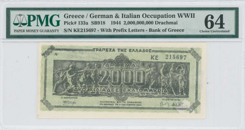 GREECE: 2 billion Drachmas (11.10.1944) in black on light green unpt. Panathenea...