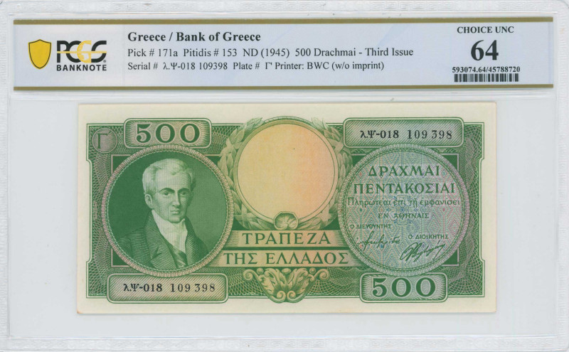 GREECE: 500 Drachmas (ND 1945) in green on light orange unpt. Portrait of Kapodi...