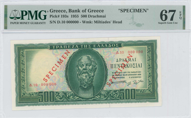 GREECE: Specimen of 500 Drachmas (8.8.1955) in deep green on light blue, light o...