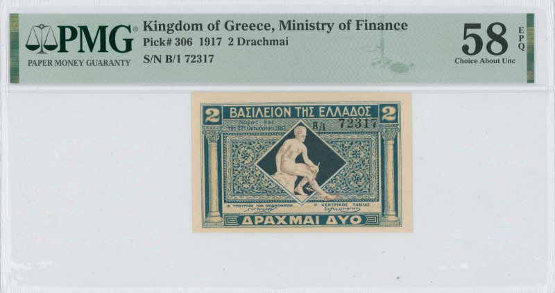 GREECE: 2 Drachmas (ND 1922) in dark blue and light blue. God Hermes seated at c...