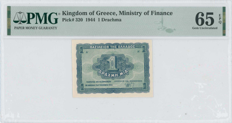 GREECE: 1 Drachma (9.11.1944) in blue on blue-green unpt. Value at center on fac...