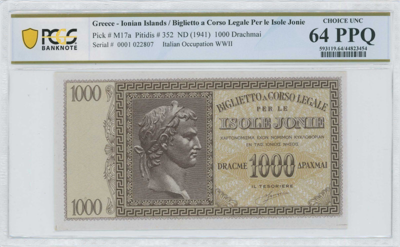 GREECE: 1000 Drachmas (ND 1942) in dark brown on light brown unpt. Augustus Ceas...