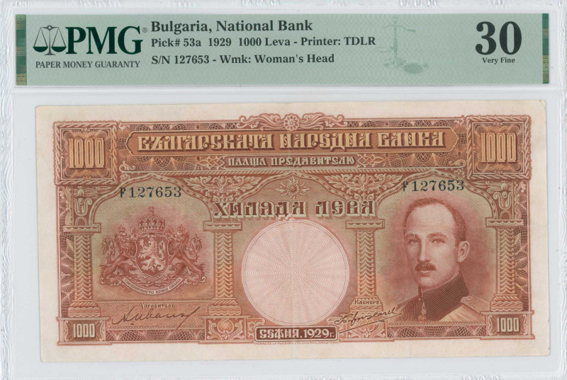 GREECE: BULGARIA: 1000 Leva (1929) in red-brown on light green unpt. King Boris ...