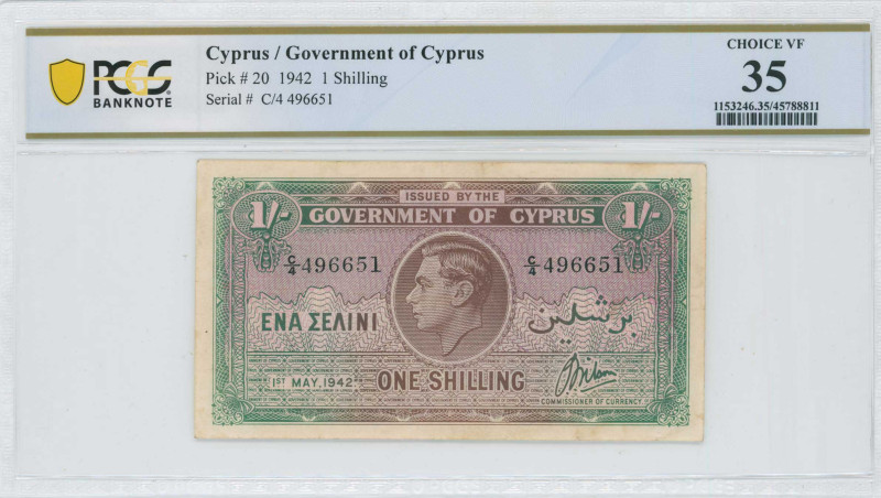 CYPRUS: 1 Shilling (1.5.1942) in brown and green. Portrait of King George VI at ...