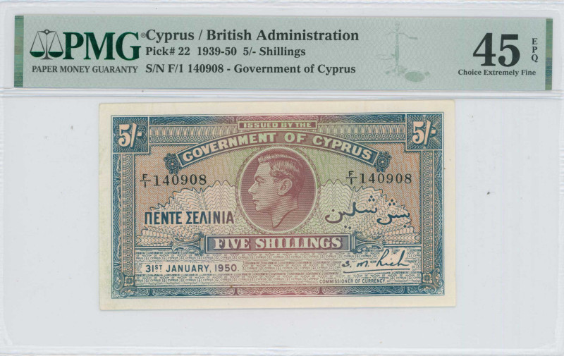 CYPRUS: 5 Shillings (31.1.1950) in brown-violet and blue. Portrait of King Georg...