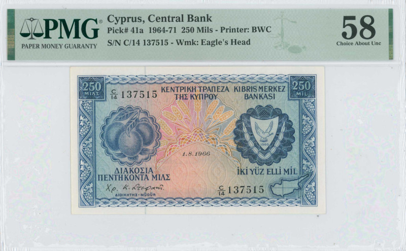 CYPRUS: Lot of 2x 250 Mils (1.8.1966) in blue on multicolor unpt. Fruits at left...