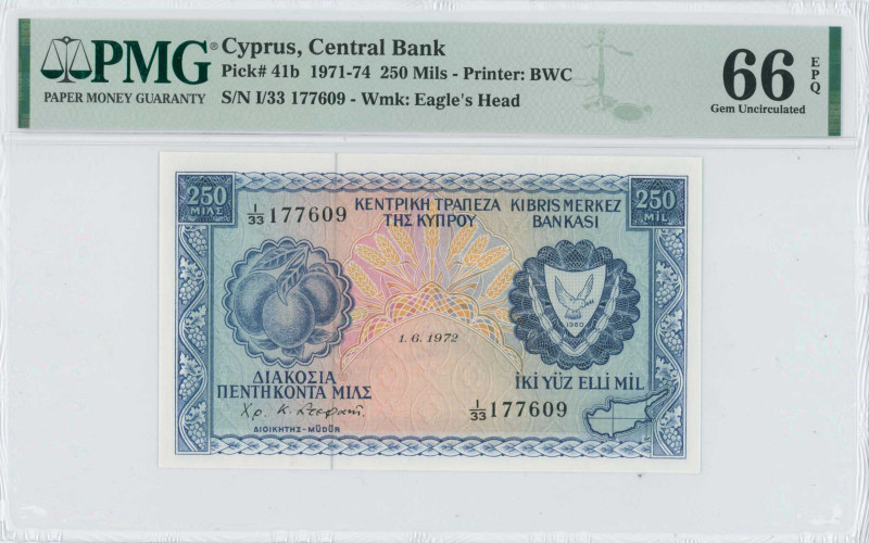 CYPRUS: 250 Mils (1.6.1972) in blue on multicolor unpt. Fruits at left and arms ...