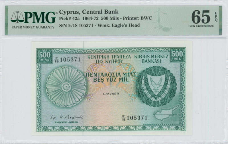 CYPRUS: 500 Mils (1.12.1969) in green on multicolor unpt. Arms at right and map ...