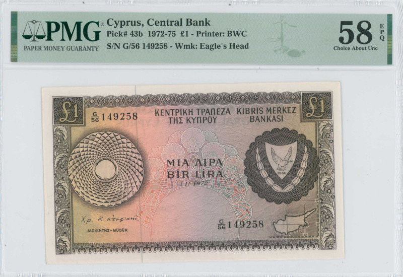 CYPRUS: 1 Pound (1.11.1972) in brown on multicolor. Arms at right and map at low...