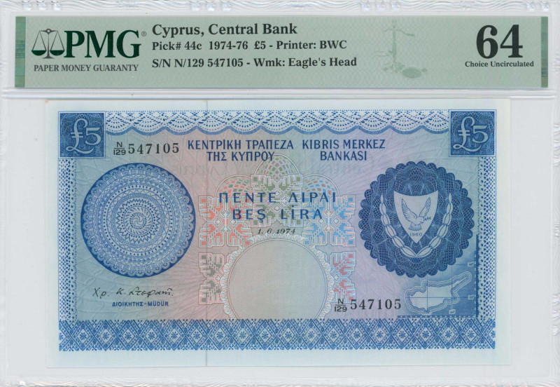 CYPRUS: 5 Pounds (1.6.1974) in blue on multicolor unpt. Arms at right and map at...