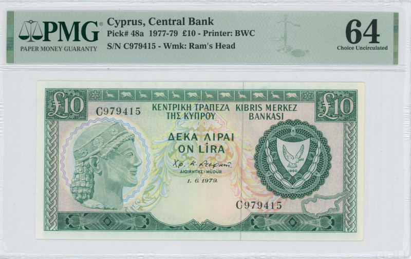 CYPRUS: 10 Pounds (1.6.1979) in dark green and blue-black on multicolor unpt. Ar...