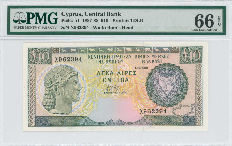 CYPRUS: 10 Pounds (1.10.1988) in dark green an blue-black on multicolor unpt. Ar...