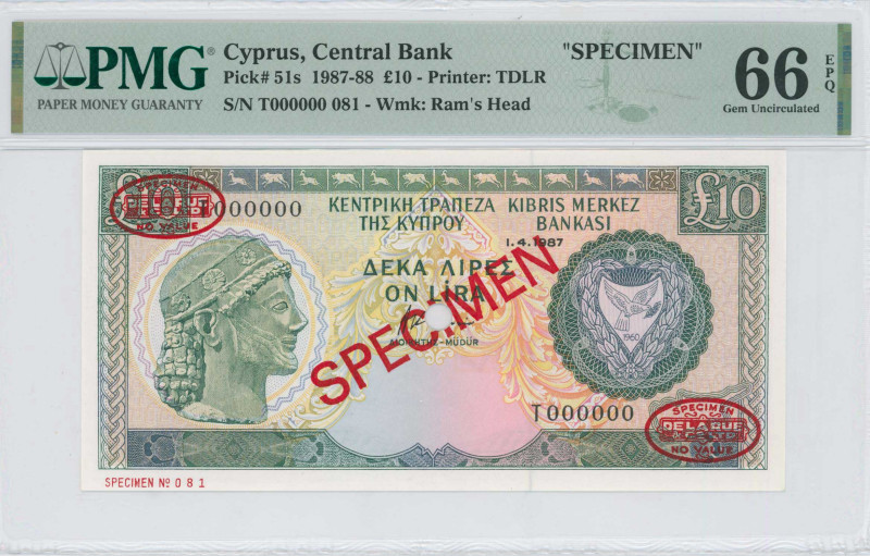 CYPRUS: Specimen of 10 Pounds (1.4.1987) in dark green and blue-black on multico...