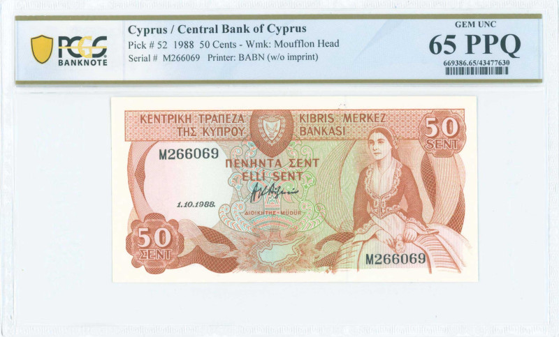 CYPRUS: 50 Cents (1.10.1988) in brown and multicolor. Woman seated at right and ...